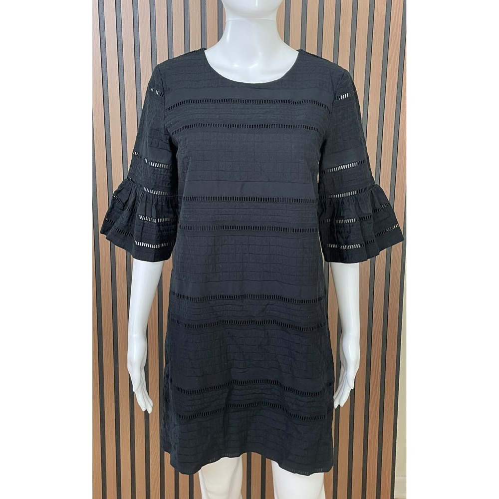 J. Crew Women's 2 Black Dress‎ Cotton Shift Eyelet Flutter Sleeve Preppy Summer